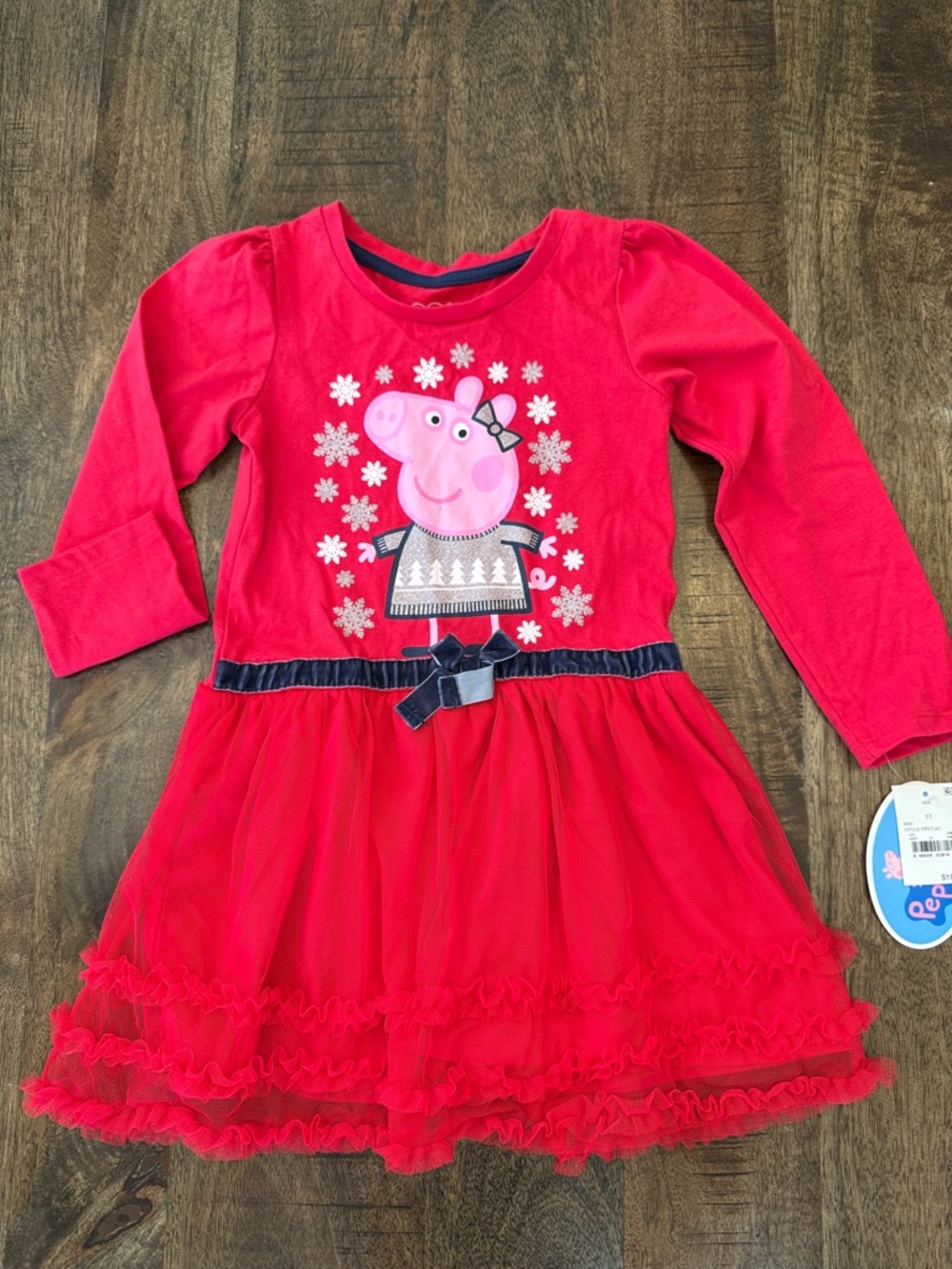 Peppa Pig Red Long Sleeve Tulle Skirt Dress with Navy Bow